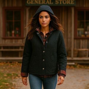 Paolo Alessia M Quilted Hooded Jacket Black Plaid Lined Snap Front Minimalist